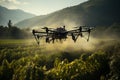 Agriculture drone in action, precisely spraying fertilizer over lush crops. Cutting-edge technology optimizes crop growth. Ai