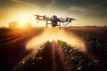 Agriculture drone fly to sprayed fertilizer on fields garden farm Royalty Free Stock Photo