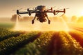 Agriculture drone fly to sprayed fertilizer on fields garden farm Royalty Free Stock Photo