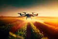 Agriculture drone fly to sprayed fertilizer on fields garden farm Royalty Free Stock Photo