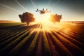 Agriculture drone fly to sprayed fertilizer on fields garden farm Royalty Free Stock Photo