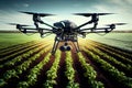 Agriculture drone fly to sprayed fertilizer on fields garden farm Royalty Free Stock Photo