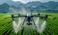 Agriculture drone fly to sprayed fertilizer on the rice fields. A drone is flying over the rice field Royalty Free Stock Photo
