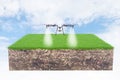 Agriculture drone water spraying on grass field, 3d render