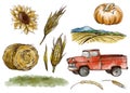 Agriculture fall set of red truck, pumpkin, corn cobs, haystack sunflowers. Autumn harvest vintage illustration Royalty Free Stock Photo