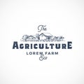 Agriculture Farm Abstract Vector Sign, Symbol or Logo Template. Farm Landscape Drawing Sketch with Retro Typography