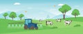 Agriculture farm banner. Tractor cultivating field at spring vector illustration.