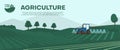 Agriculture farm banner. Tractor cultivating field at spring vector illustration.