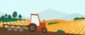 Agriculture farm banner. Tractor cultivating field at spring vector illustration