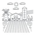 Agriculture farm with fields thin line concept logo template vector illustration. Royalty Free Stock Photo