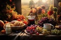 Agriculture, farm ranch bonanza. rustic wood table abundant fruits, vegetables, drinks, foods, wine, milk, bread, meat, cheese Royalty Free Stock Photo