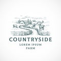 Agriculture Farm Retro Badge or Logo Template. Hand Drawn Countryside Road Landscape Sketch with Barns and Cows and