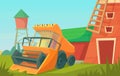 Agriculture. Farm rural landscape with combine harvester and red barn, and water tower . Royalty Free Stock Photo