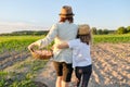 Women mother and daughter with basket of eggs, lifestyle, nature, garden, back view Royalty Free Stock Photo