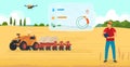 Agriculture farming vector illustration, cartoon flat man farmer character using robot drone, checking harvest on wheat