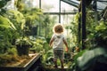 Agriculture, girl in greenhouse for gardening, growing and harvesting vegetables. happy child walking for growing plants