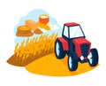 Agriculture grain harvest, tractor work for making wheat, flour, bread and food vector illustration. Cereal machinery