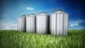 Agriculture grain silos on grass under blue sky. 3D illustration