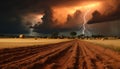 Agriculture growth fuels nature beauty, harvesting wheat under dramatic sky generated by AI