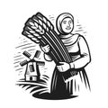 Girl or young woman farmer, wheat field, windmill emblem. Agriculture, harvest logo. Healthy organic natural farm food