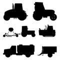 Agriculture industrial farm equipment black silhouette machinery tractors combines and excavators vector illustration.