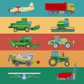 Agriculture industrial farm equipment machinery tractor combine harvesting wheel vector illustration. Royalty Free Stock Photo