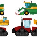 Agriculture industrial farm equipment machinery tractors combines and excavators vector illustration.