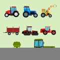 Agriculture industrial farm equipment machinery tractors combines and excavators vector illustration.