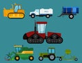 Agriculture industrial farm equipment machinery tractors combines and excavators vector illustration.