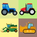 Agriculture industrial farm equipment machinery tractors combines and excavators vector illustration.