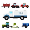 Agriculture industrial farm equipment machinery tractors combines and excavators vector illustration.