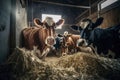 Agriculture industry concept - herd of cows eating hay in cowshed on dairy farm. AI Generation Royalty Free Stock Photo