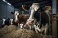 Agriculture industry concept - herd of cows eating hay in cowshed on dairy farm. AI Generation Royalty Free Stock Photo