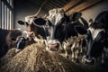 Agriculture industry concept - herd of cows eating hay in cowshed on dairy farm. AI Generation Royalty Free Stock Photo