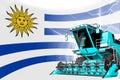 Agriculture innovation concept, blue advanced grain combine harvester on Uruguay flag - digital industrial 3D illustration