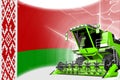 Agriculture innovation concept, green advanced rural combine harvester on Belarus flag - digital industrial 3D illustration