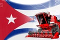 Agriculture innovation concept, red advanced grain combine harvester on Cuba flag - digital industrial 3D illustration