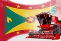 Agriculture innovation concept, red advanced grain combine harvester on Grenada flag - digital industrial 3D illustration