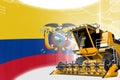 Agriculture innovation concept, yellow advanced rural combine harvester on Ecuador flag - digital industrial 3D illustration Royalty Free Stock Photo