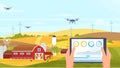 Agriculture innovation farm technology, cartoon hands with tablet for smart farming