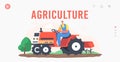 Agriculture Landing Page Template. Farmer Work on Tractor Plow Land on Farm. Worker Male Character Agricultural Worker Royalty Free Stock Photo