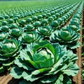 Agriculture landscape with organic cabbages growing on vegetable Natural vegetables and greenery Natural fruits and