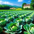 Agriculture landscape with organic cabbages growing on vegetable Natural vegetables and greenery Natural fruits and