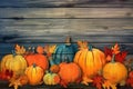 wooden orange pumpkin background halloween fall autumn wood natural season leaf. Generative AI. Royalty Free Stock Photo