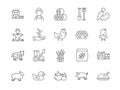 Agriculture line icons. Farm symbols. Farmer and harvest tractor. Livestock like cow and pig. Eco chicken food. Farming