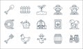 Agriculture line icons. linear set. quality vector line set such as tractor, scarecrow, pitchfork, wine barrel, chicken, water