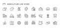 Agriculture line icons. Organic crops icons for print, farm animals and farming equipment. Vector farm constructions and