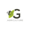 Agriculture logo letter G. Tractor icon. Green food emblem