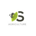 Agriculture logo letter S. Tractor icon. Green food emblem