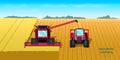 Agriculture machinery. Harvester combine and tractor on field. Industrial landscape. Farmer panorama. Harvesting scene Royalty Free Stock Photo